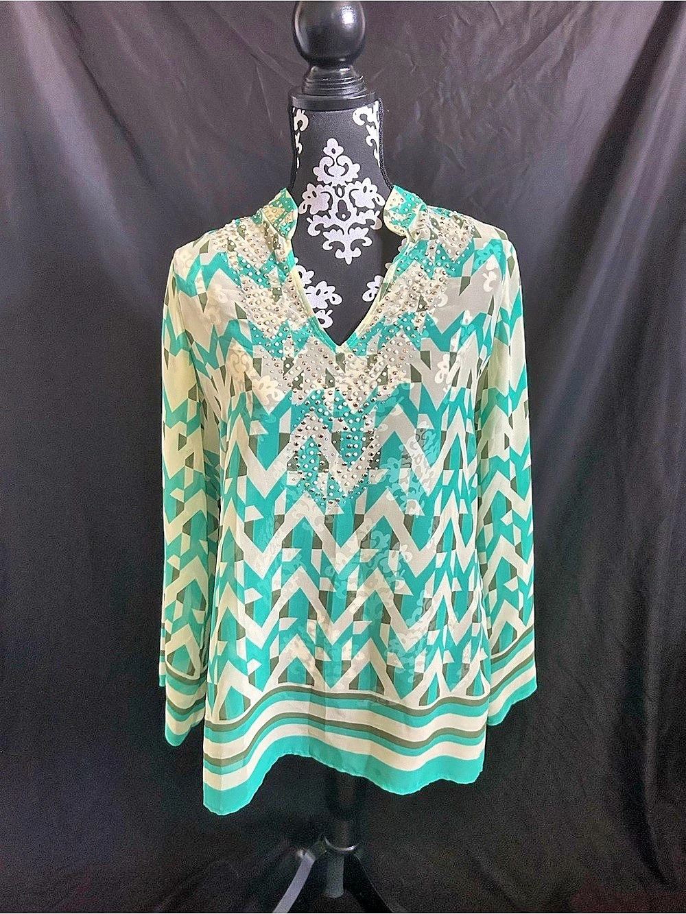 Joseph Ribkoff Geometric Embellished Tunic in Green & White Size 12
